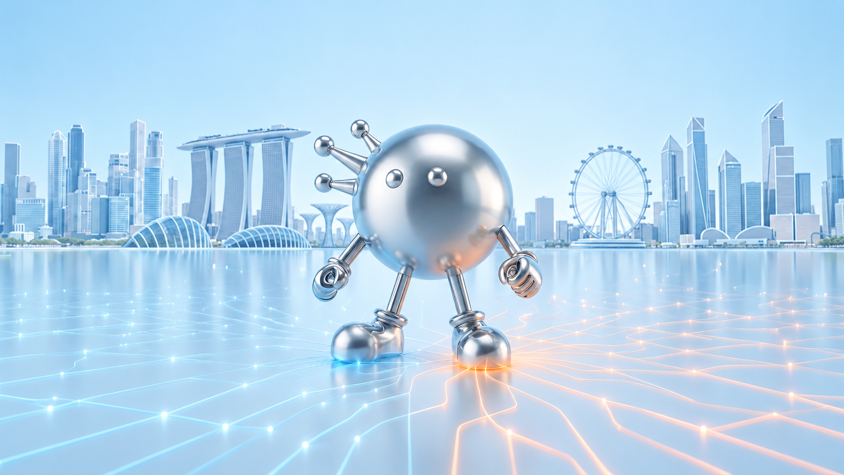 Abby, the Animoca Brands chrome mascot, standing on a bright reflective grid in front of the Singapore skyline